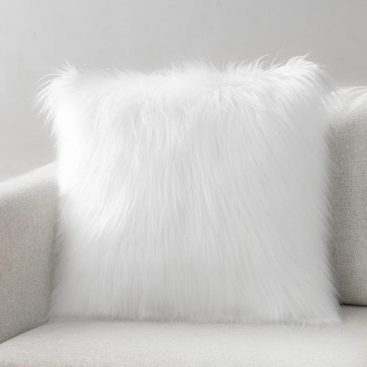 Mongolian Luxury Faux Fur Decorative Pillow Cover, Fluffy True White Cushion Case for Bedroom and Couch, 18 x 18 Inches