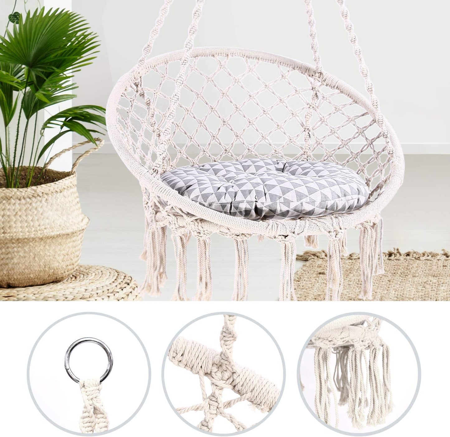 Macrame Hammock Chair with Hanging Hardware Kit - Cotton Rope Swing Chair, Ideal Gift for Girls' Birthdays (Circle, 31.5 inches)
