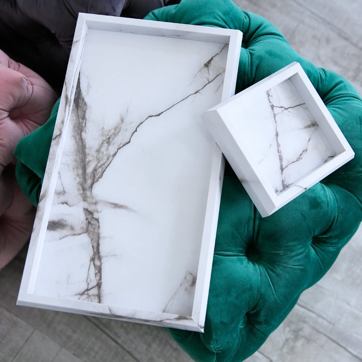 Set of 2 Marble Print Vanity Trays for Women - Elegant Faux Marble Decorative Catchall for Entryway, Perfume and Candle Display, Cosmetics Storage, and Jewelry Organization (Wooden, Marble White)