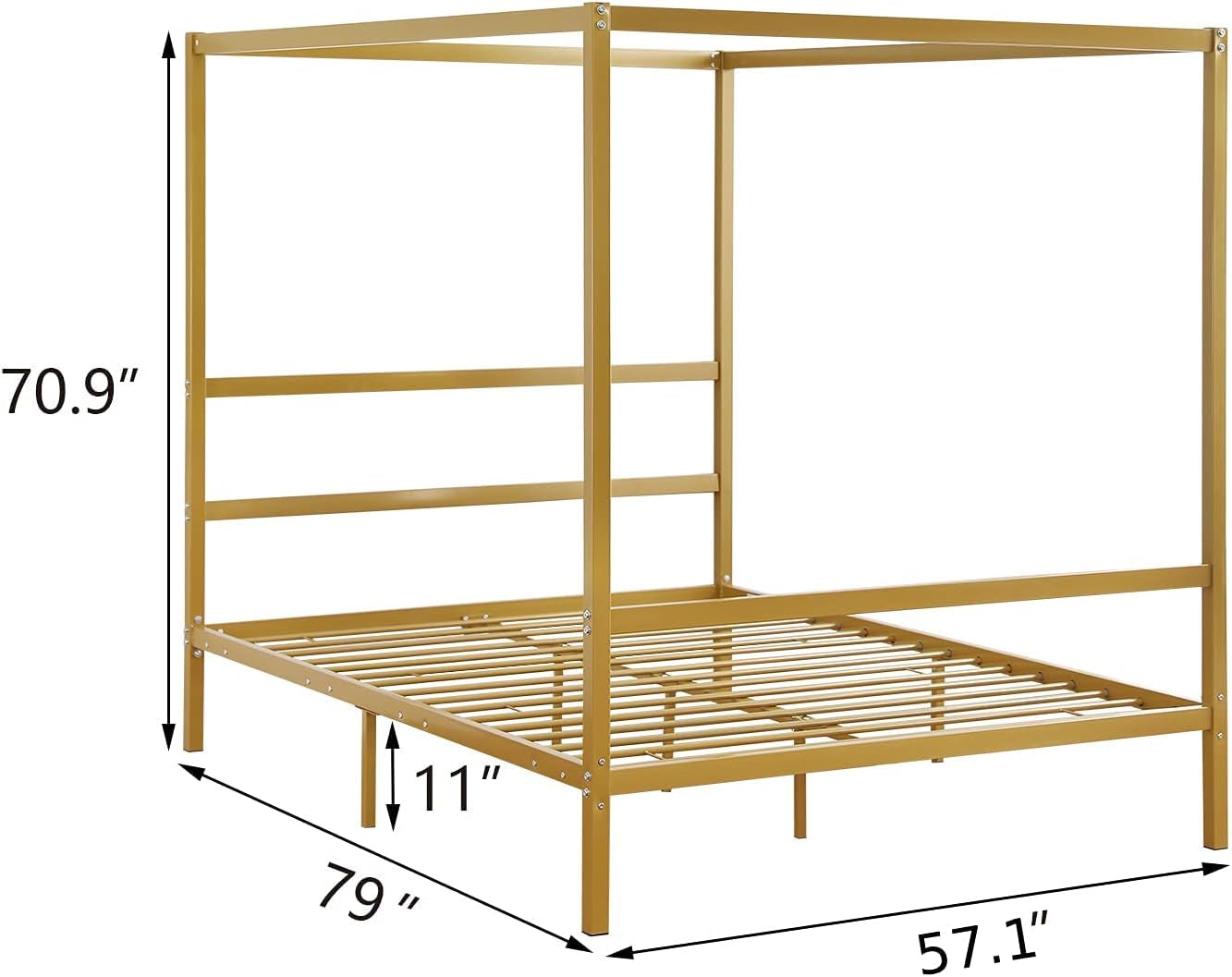 Full Size Gold Canopy Bed Frame with Headboard and 11-Inch Under-Bed Storage
