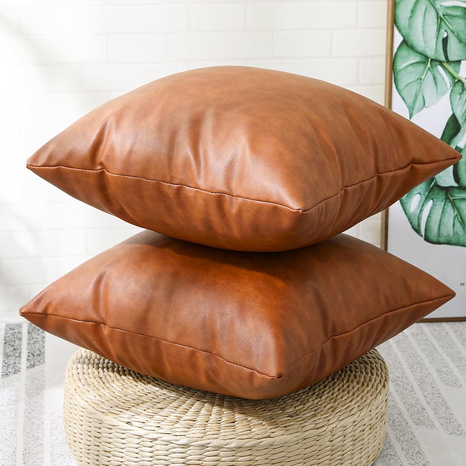 Faux Leather Farmhouse Decorative Throw Pillow Cover, 22x22 Inch, Modern Country Style Accent Pillows for Bedroom and Living Room (Set of 2)