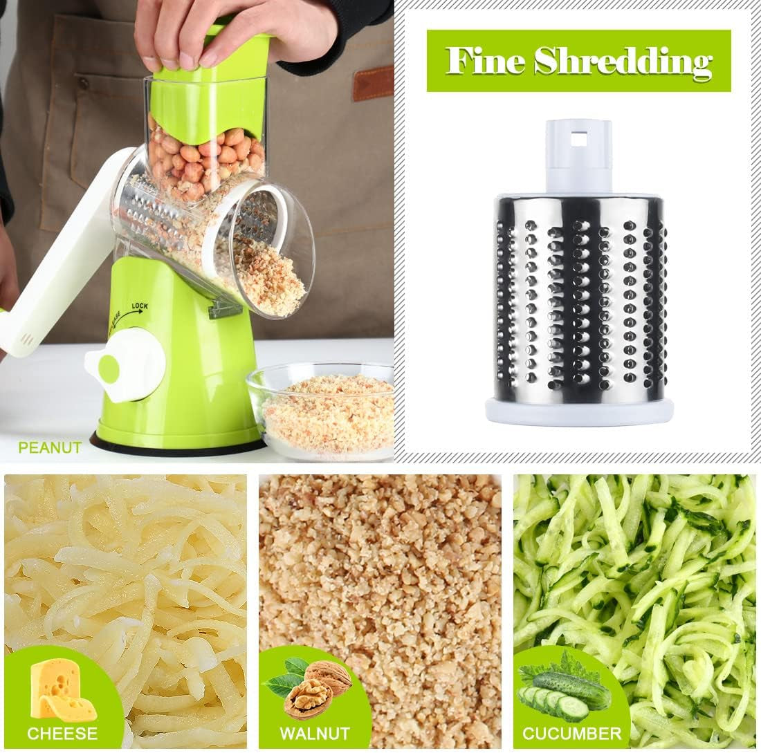 Hand Crank Rotary Cheese Grater and Kitchen Shredder with Drum Blades for Cheese, Vegetables, Nuts, and Chocolate - Includes 3 Blades, Green