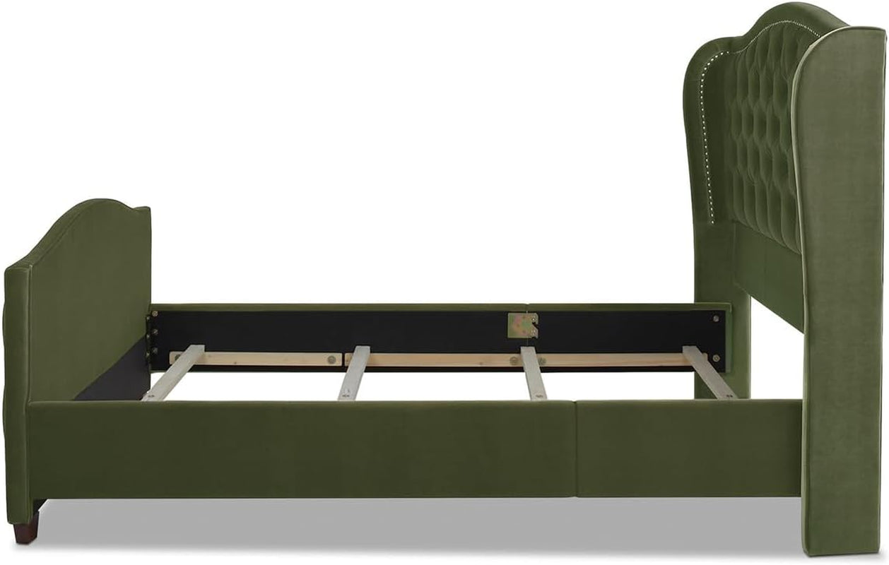 Marcella Queen Upholstered Shelter Headboard Bed Set in Olive Green Performance Velvet