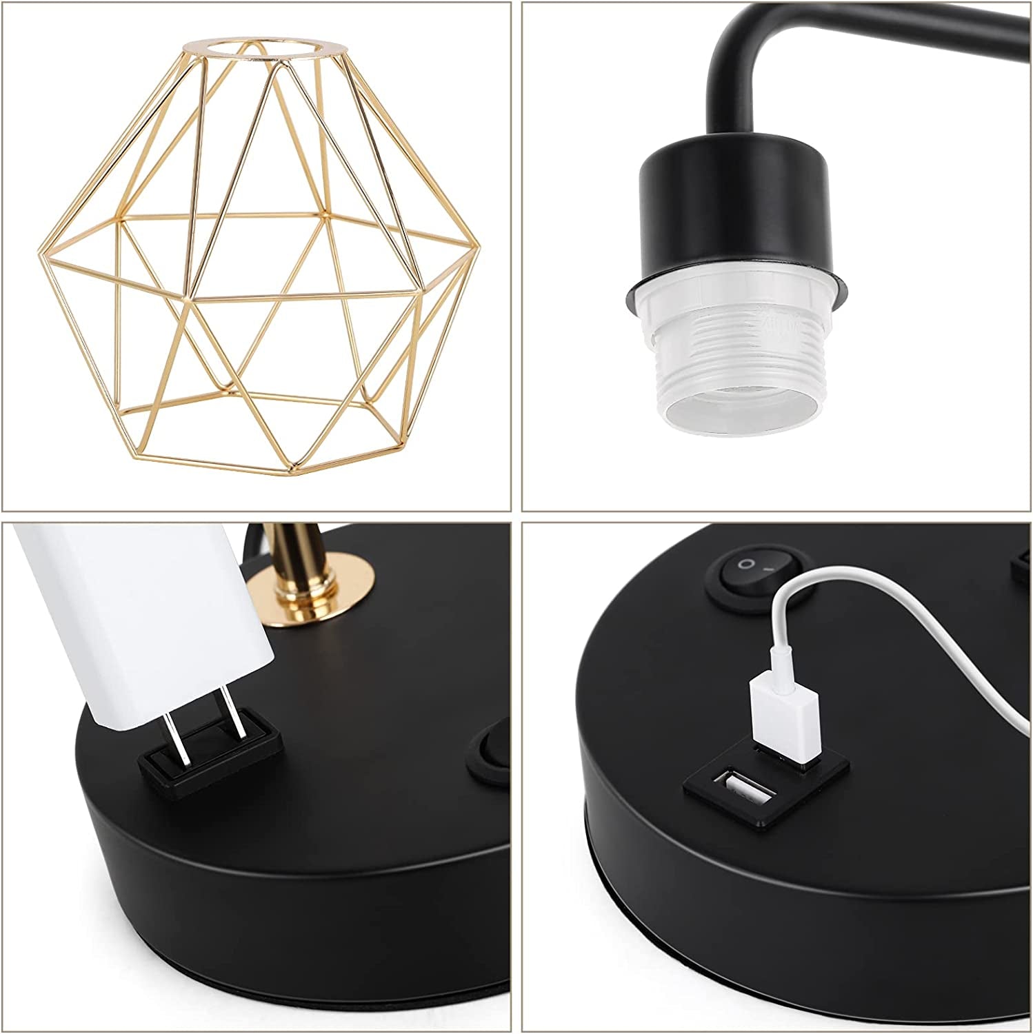 Industrial USB Desk Lamp - Vintage Gold Metal Cage Table Lamp with Dual USB Ports and AC Outlet for Bedroom, Living Room, and Office