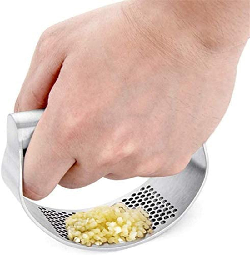 Stainless Steel Garlic Press and Mincer with Peeler, Scraper Brush, and Ergonomic Handle - Innovative Kitchen Gadget