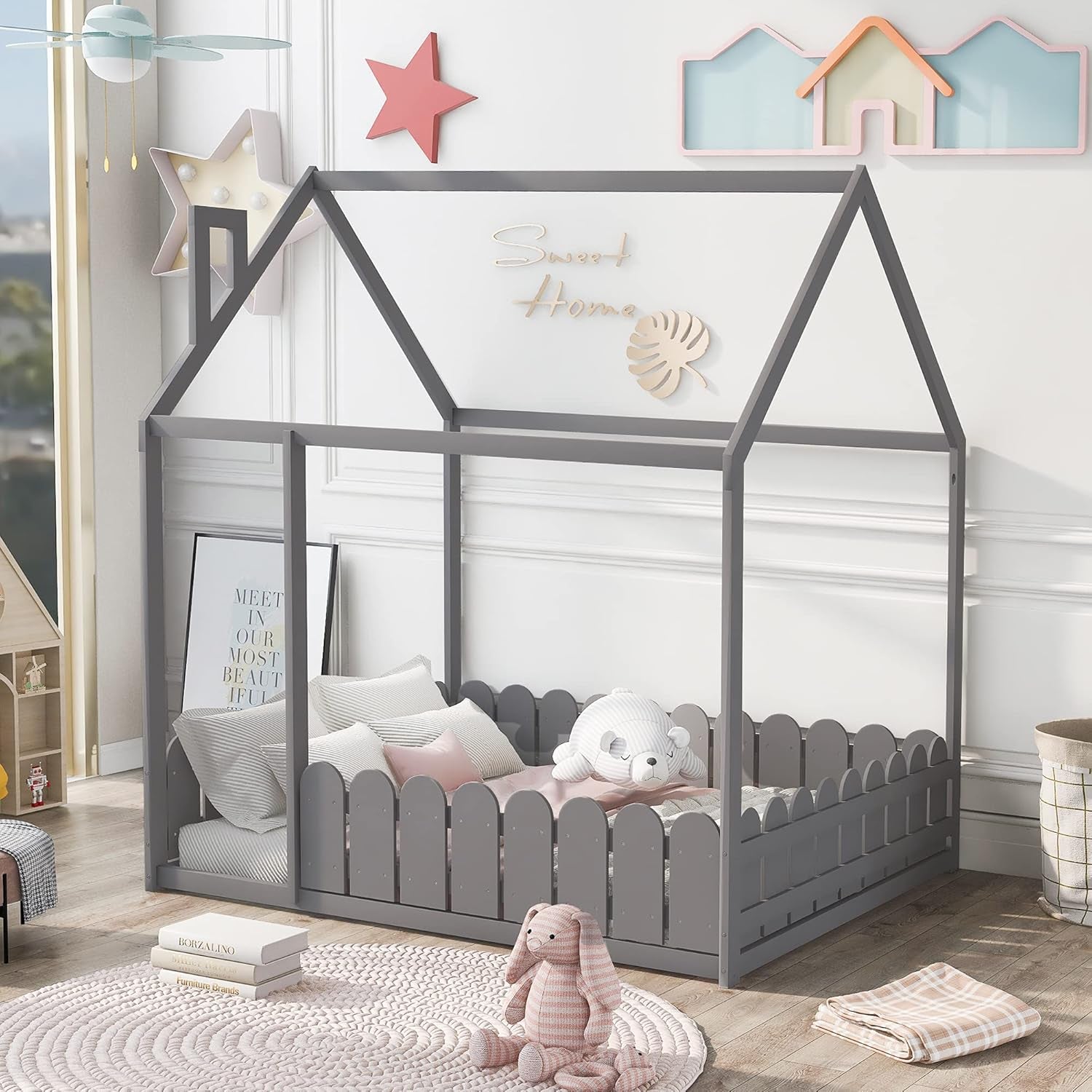 Full-Size House Bed for Children with Roof and Fence, Wooden Bed Frame for Kids, Teens, and Nursery, Easy Assembly Cabin Floor Bed