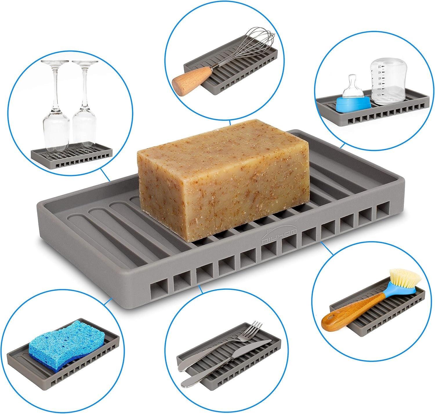 Set of 2 Self-Draining Silicone Soap Trays for Kitchen and Bathroom Sink Organization