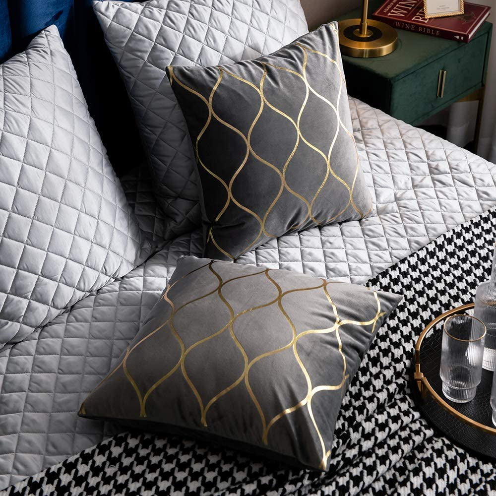 Gold Velvet Decorative Throw Pillow Covers - Set of 2, 18x18 Inch Square Cases for Bedroom, Sofa, and Living Room, Light Grey