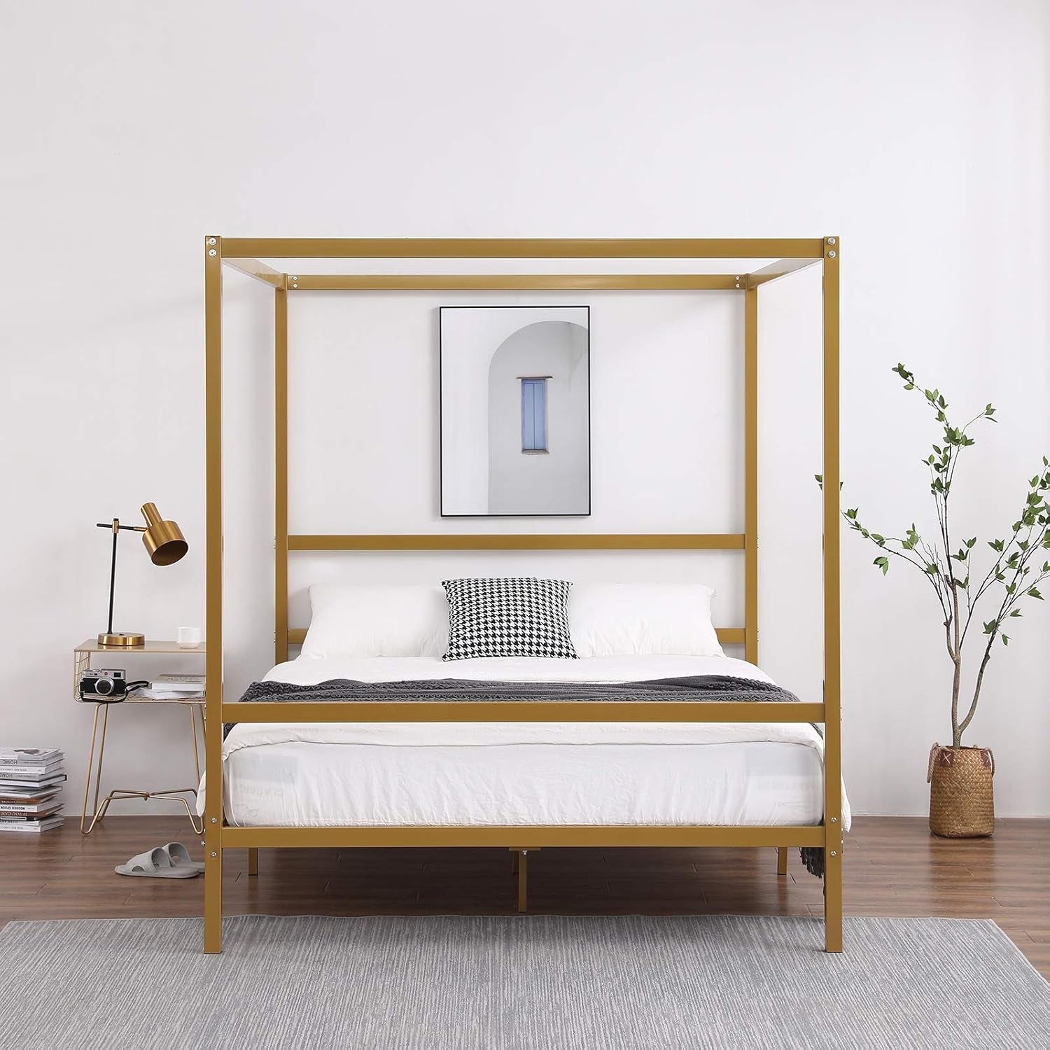 Full Size Gold Canopy Bed Frame with Headboard and 11-Inch Under-Bed Storage