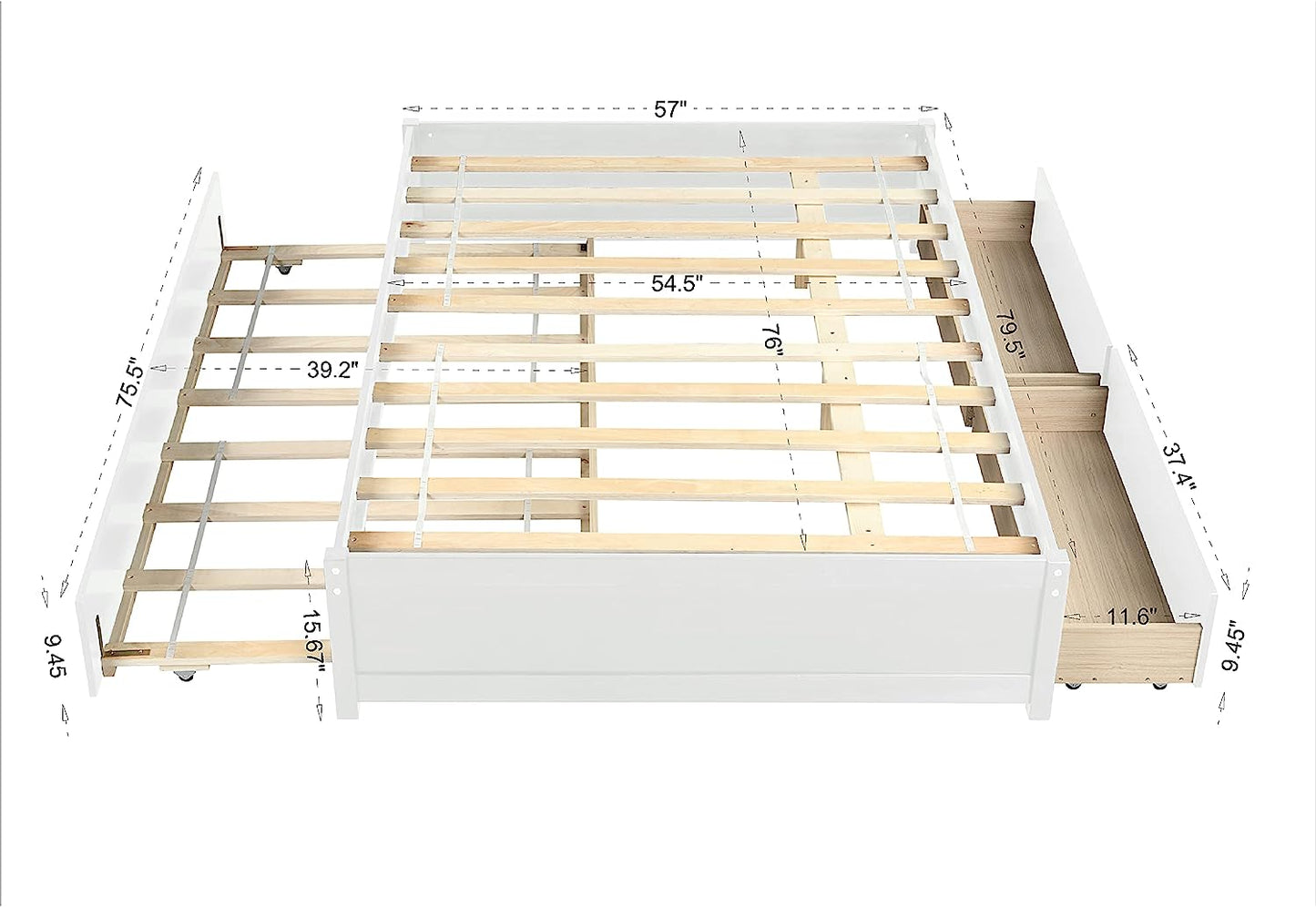 Full Bed with Trundle and Dual Storage Drawers, Space-Saving Wood Platform Bed Frame for All Ages (Full, White)