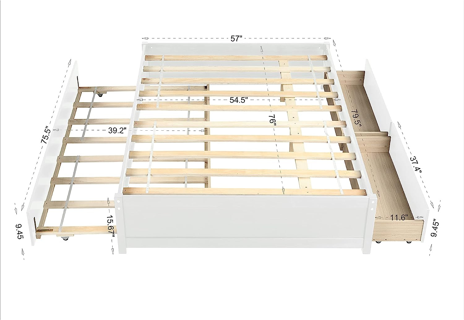 Full Bed with Trundle and Dual Storage Drawers, Space-Saving Wood Platform Bed Frame for All Ages (Full, White)