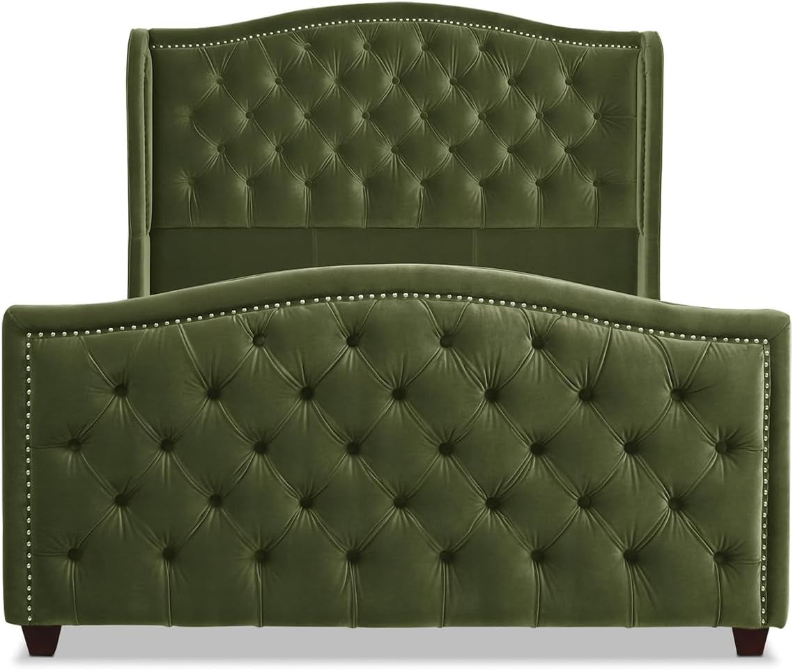 Marcella Queen Upholstered Shelter Headboard Bed Set in Olive Green Performance Velvet