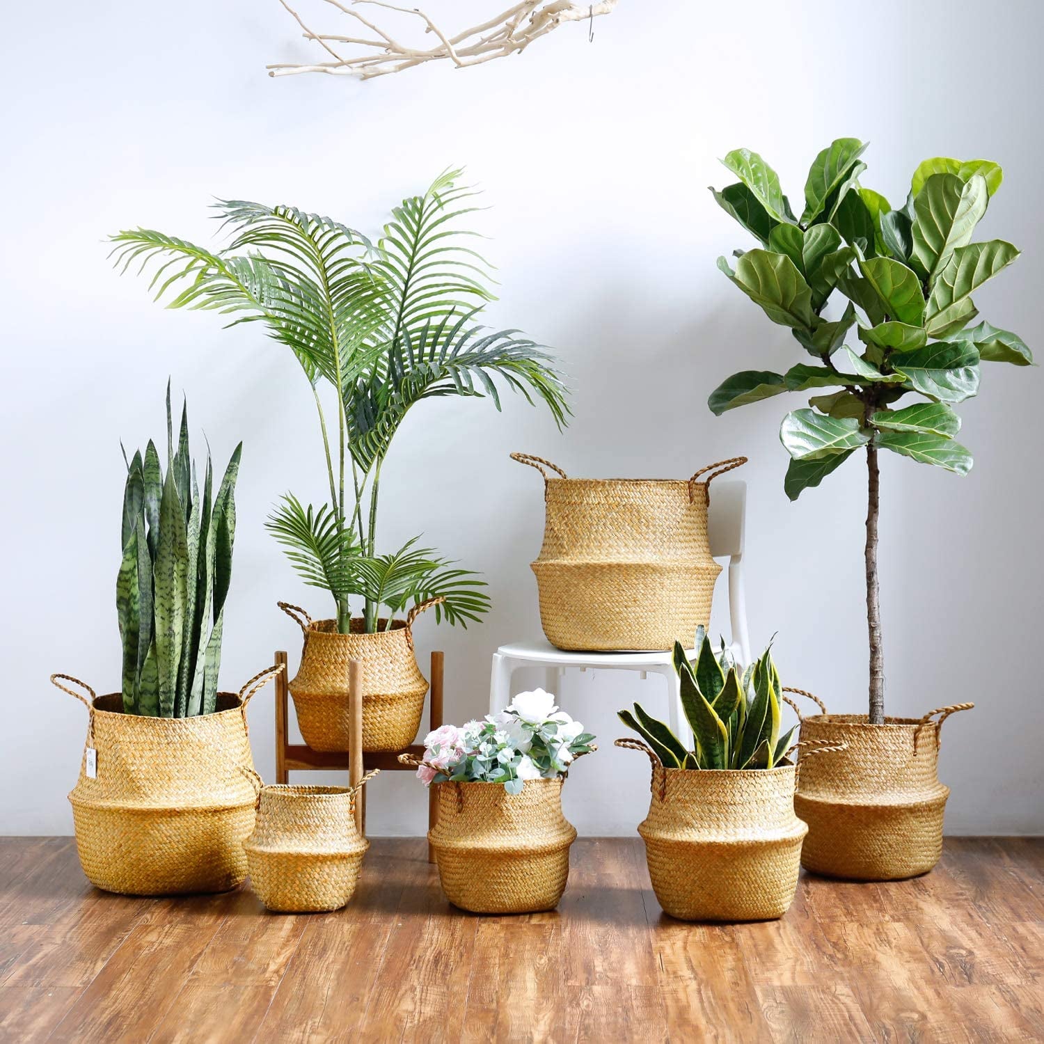 720303 Set of 2 Hand Woven Seagrass Plant Baskets with Handles - Versatile Storage Solution for Laundry, Picnics, Plant Pot Cover, Home Decor, and Beach Bag (Extra Large, Brown)