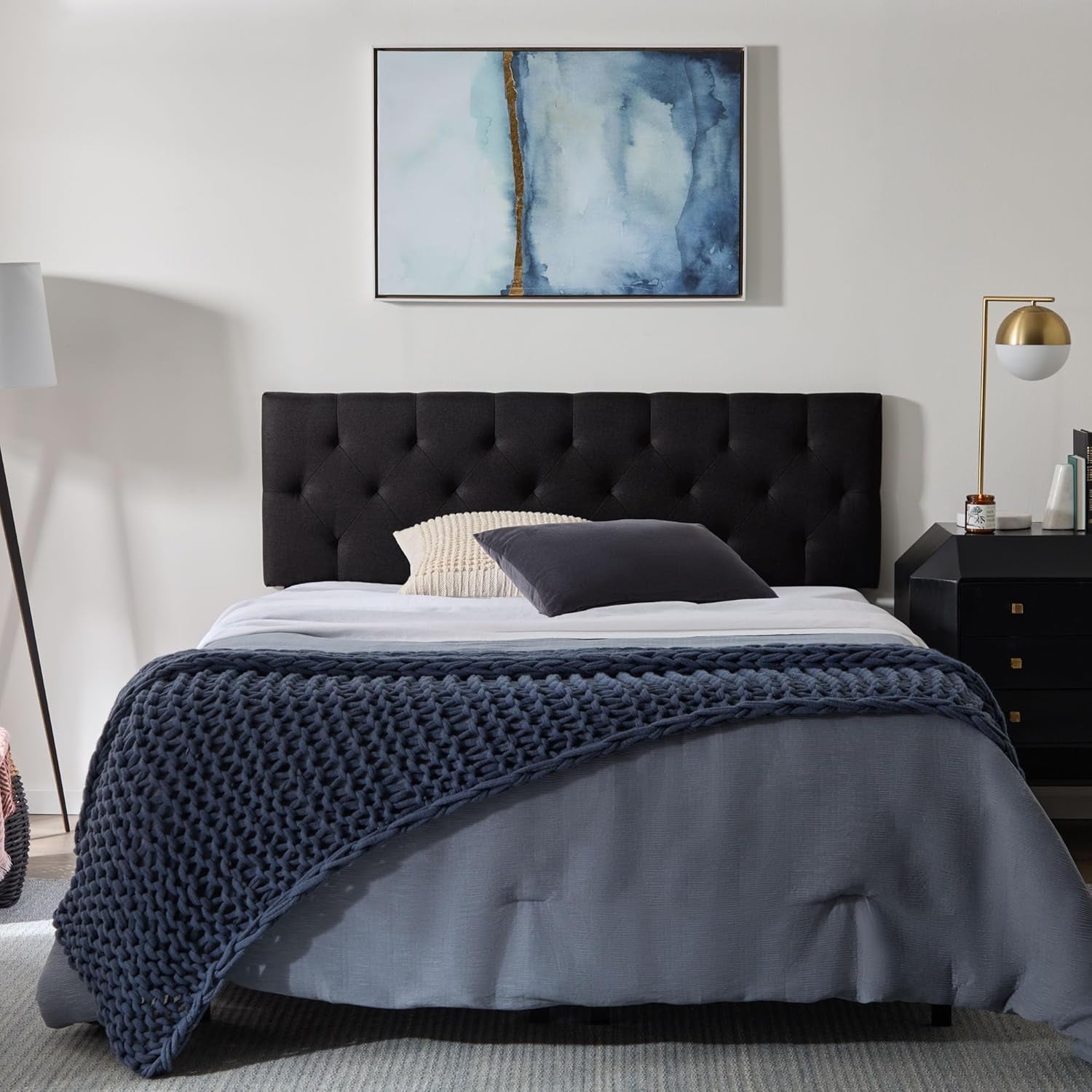 Queen Size Mid-Rise Upholstered Headboard with Diamond Tufting - Adjustable Height 34” to 46” - Padded Polyester - Versatile Bed Frame or Wall Mount - Sturdy Black Design - Easy Assembly