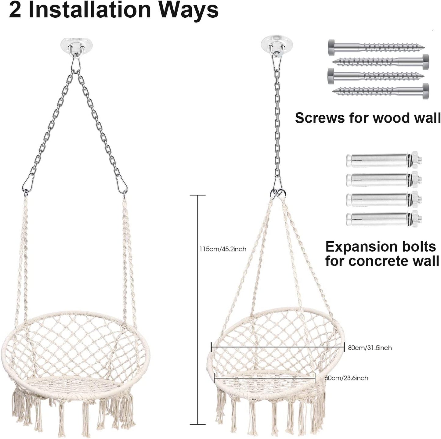 Macrame Hammock Chair with Hanging Hardware Kit - Cotton Rope Swing Chair, Ideal Gift for Girls' Birthdays (Circle, 31.5 inches)