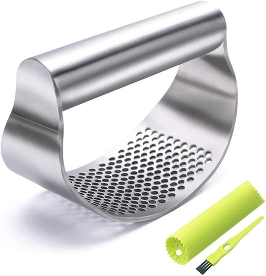 Stainless Steel Garlic Press and Mincer with Peeler, Scraper Brush, and Ergonomic Handle - Innovative Kitchen Gadget