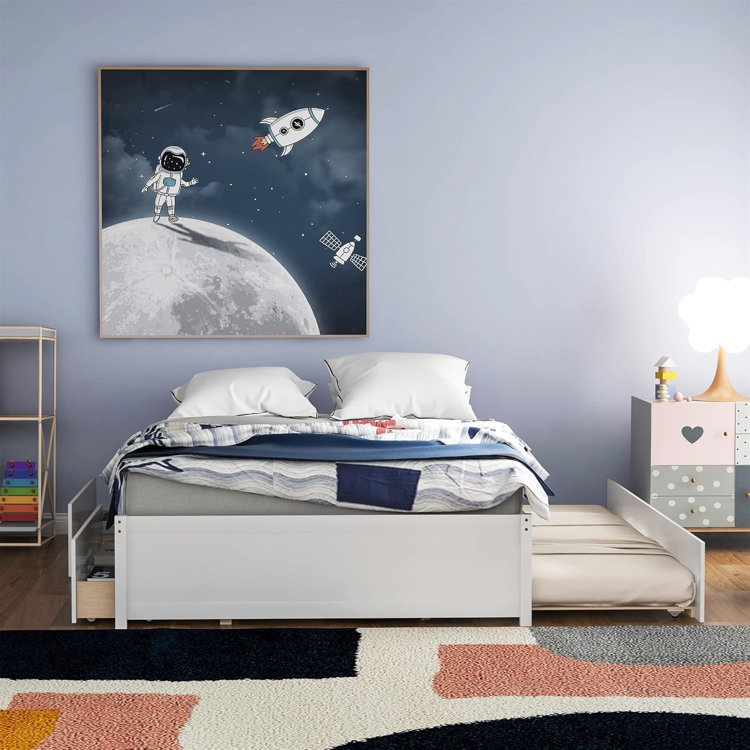 Full Bed with Trundle and Dual Storage Drawers, Space-Saving Wood Platform Bed Frame for All Ages (Full, White)