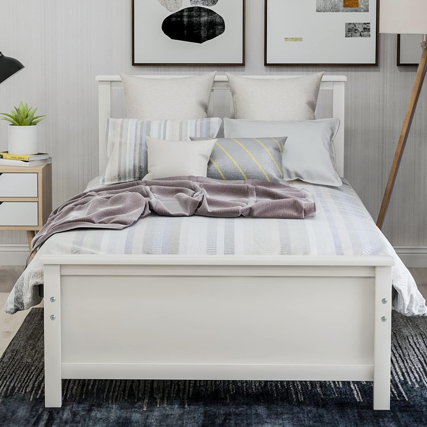 Classic White Wood Twin Bed Frame with Headboard and Footboard - No Box Spring Required