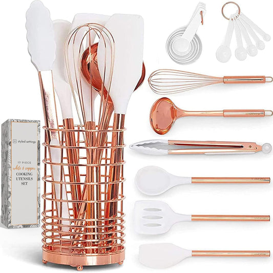 17-Piece Rose Gold Silicone and Copper Kitchen Utensil Set with Holder - Includes Measuring Cups, Spoons, and Utensils for Nonstick Cookware - Elegant Copper Kitchen Accessories