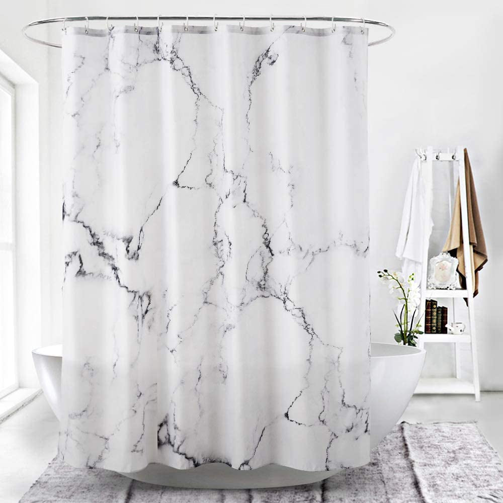 Grey and White Marble Shower Curtain with Hooks, Unique 3D Print Design, Waterproof Fabric, Reinforced Metal Grommets, Standard Size 72x72 Inches
