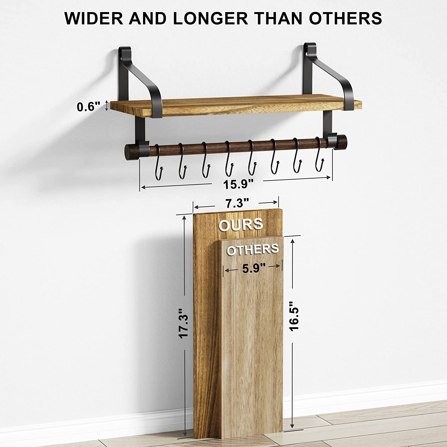 Rustic Carbonized Black Floating Shelf with Towel Bar and 8 Removable Hooks for Kitchen Spice Organization and Utensil Storage