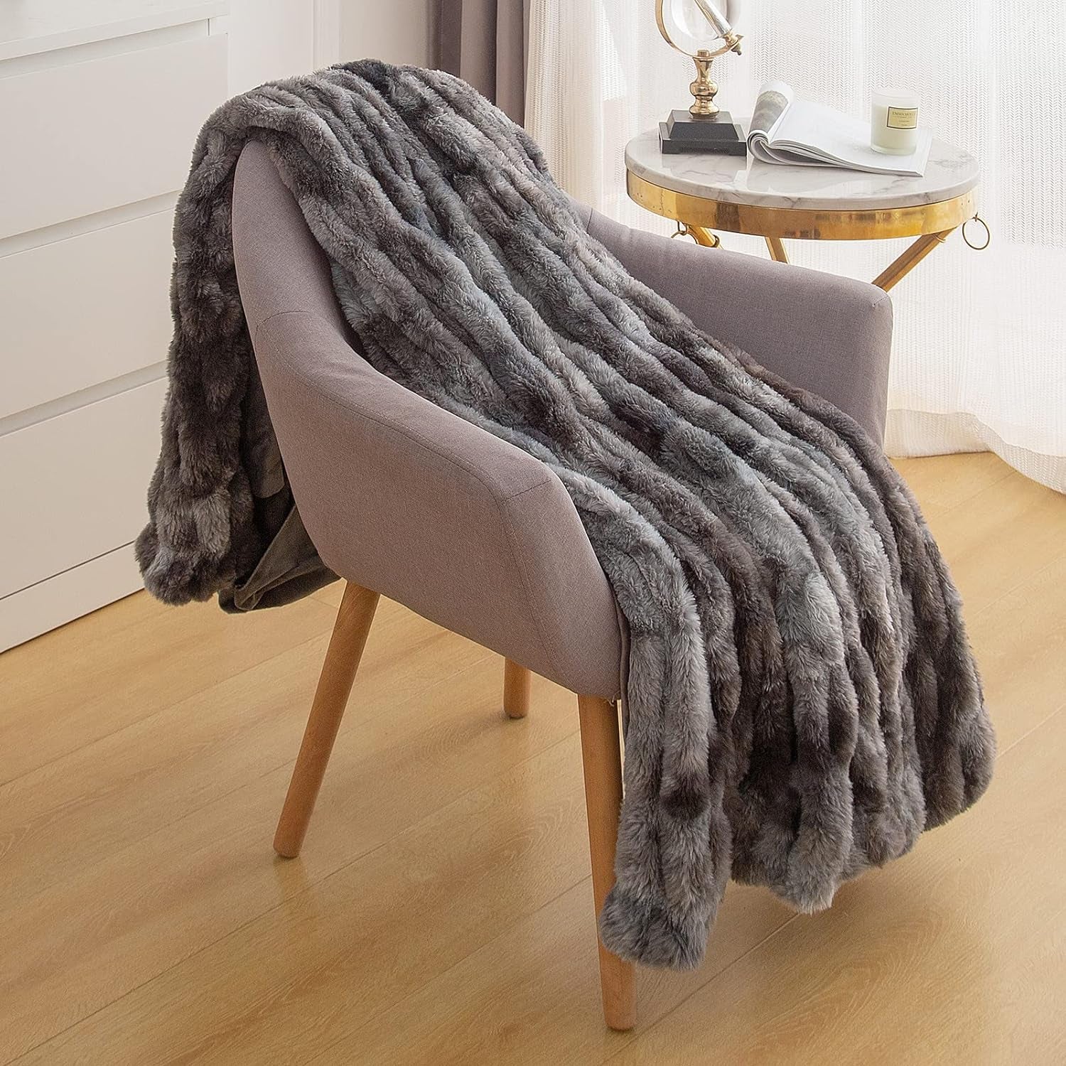 Luxurious Dark Gray Ruched Faux Fur Throw Blanket, 50" x 60" - Cozy Fuzzy Blanket for Couch and Bed
