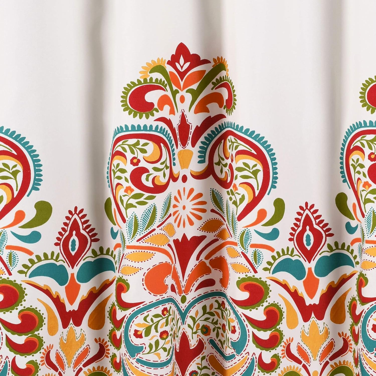Clara Fabric Shower Curtain - Colorful Bohemian Paisley Damask Print, 72” x 72”, Turquoise & Tangerine