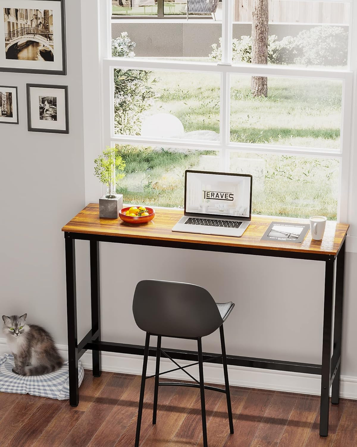 Rectangular Bar Table with Sturdy Metal Frame, 47.24" Teak High Top Counter Height Table for Kitchen, Dining, and Living Room