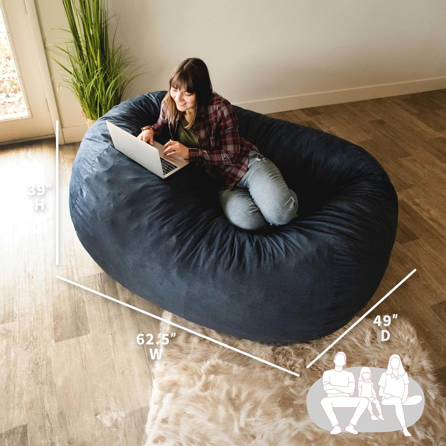 Fuf XL Foam-Filled Bean Bag Chair with Removable Cover, Cobalt Lenox, Durable Woven Polyester, 5 Feet