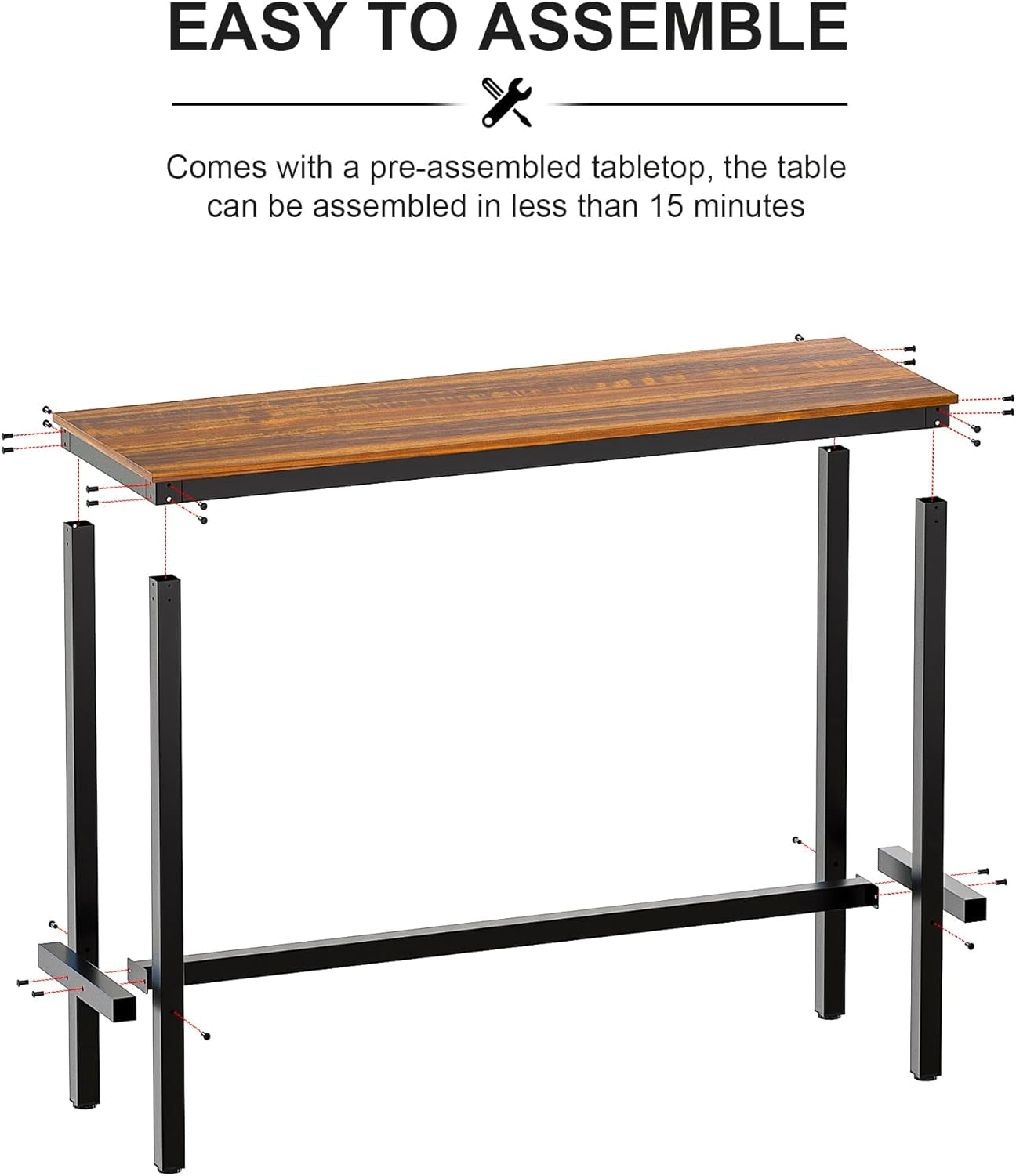 Rectangular Bar Table with Sturdy Metal Frame, 47.24" Teak High Top Counter Height Table for Kitchen, Dining, and Living Room