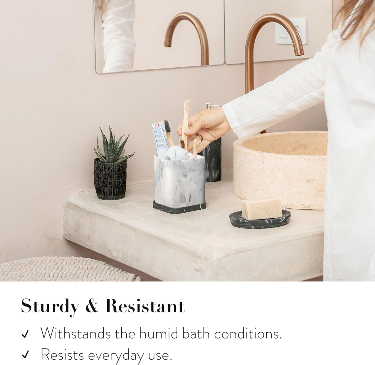 Marble-Effect Electric Toothbrush and Makeup Brush Holder with Detachable Tray - Bathroom Organizer for Countertop Use