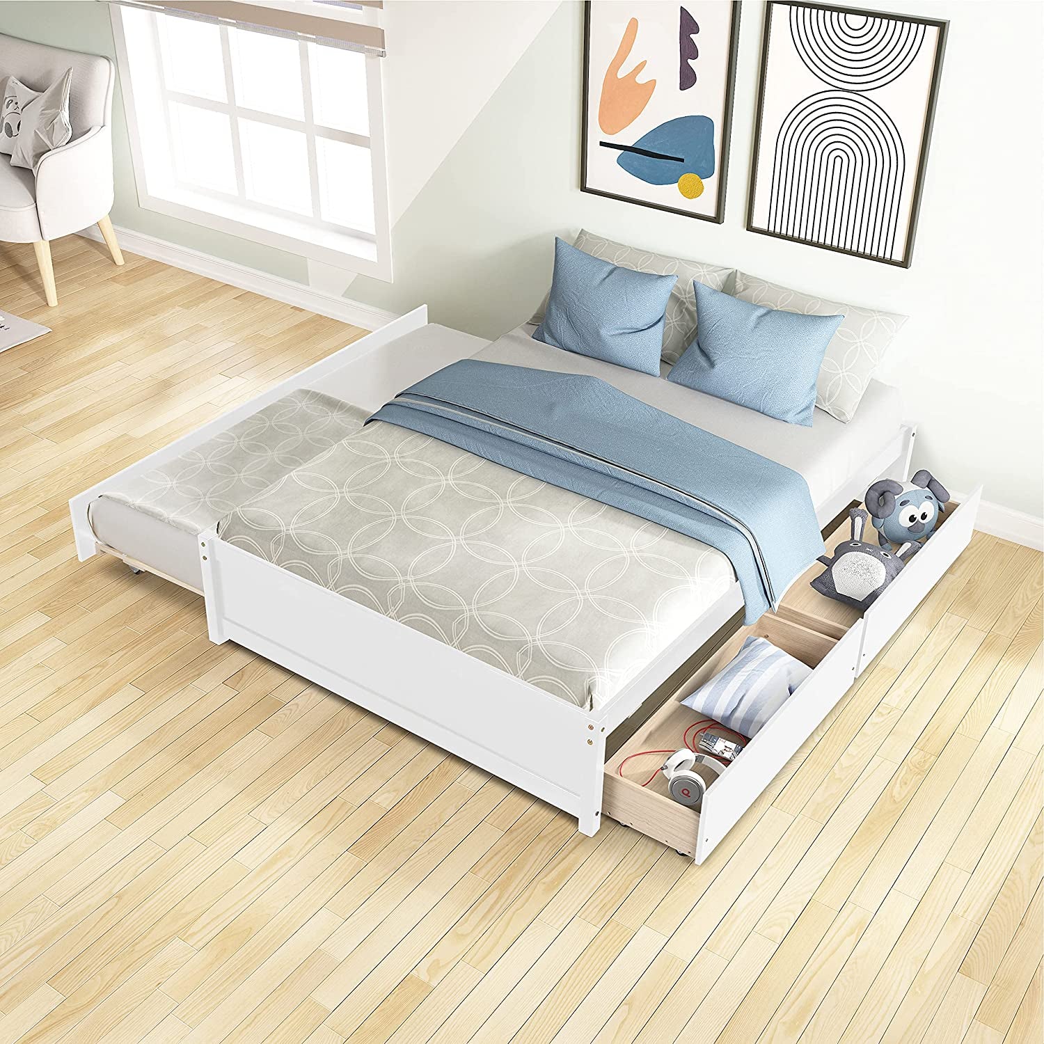 Full Bed with Trundle and Dual Storage Drawers, Space-Saving Wood Platform Bed Frame for All Ages (Full, White)