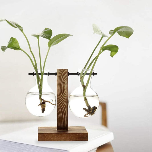 Hydroponic Glass Planter Vase with Wooden Stand - Elegant Terrarium-Style Floral Display for Office and Wedding Decor