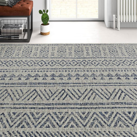 4 ft. x 6 ft. Blue Grey Chevron Coastal Boho Style Indoor Outdoor Area Rug-0