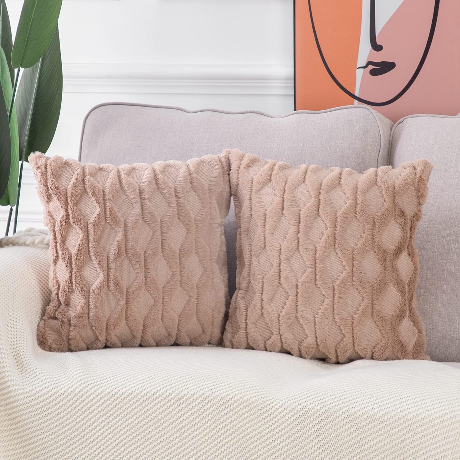 Set of 2 Luxury Light Brown Soft Plush Short Wool Velvet Decorative Throw Pillow Covers 26x26 Inch for Sofa and Bedroom