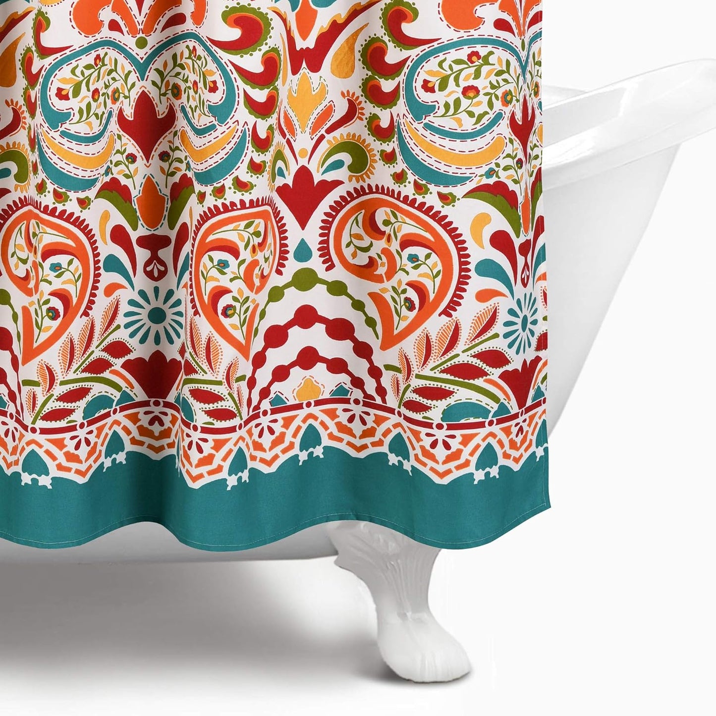 Clara Fabric Shower Curtain - Colorful Bohemian Paisley Damask Print, 72” x 72”, Turquoise & Tangerine