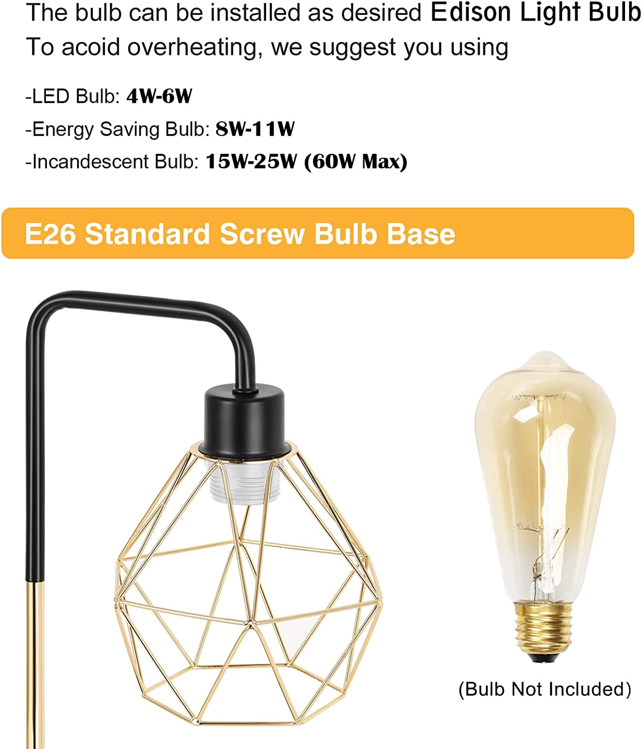 Industrial USB Desk Lamp - Vintage Gold Metal Cage Table Lamp with Dual USB Ports and AC Outlet for Bedroom, Living Room, and Office