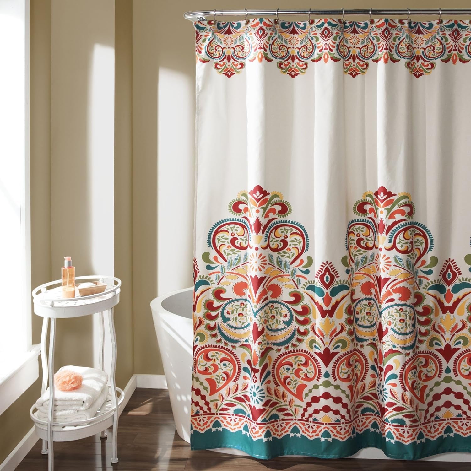 Clara Fabric Shower Curtain - Colorful Bohemian Paisley Damask Print, 72” x 72”, Turquoise & Tangerine