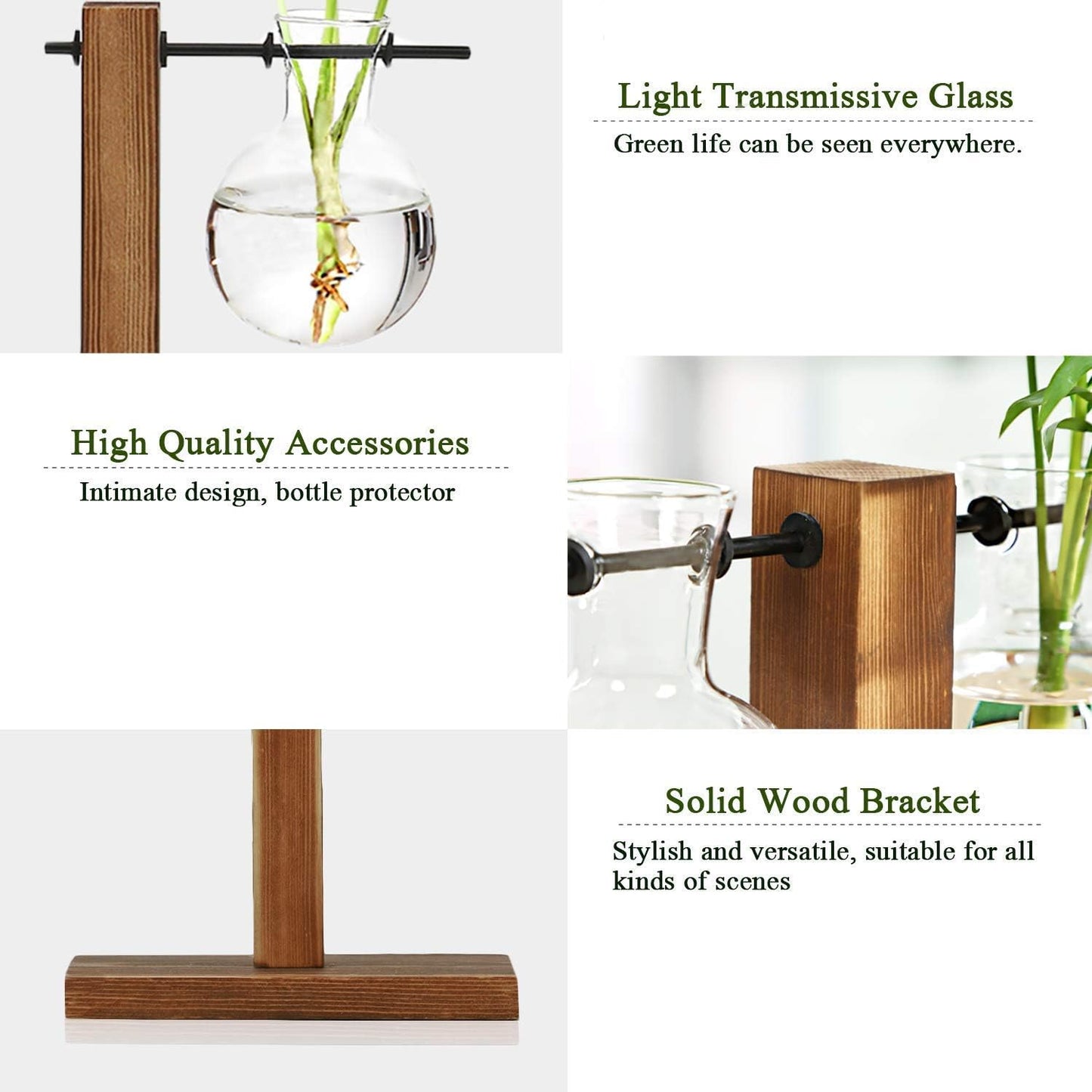 Hydroponic Glass Planter Vase with Wooden Stand - Elegant Terrarium-Style Floral Display for Office and Wedding Decor