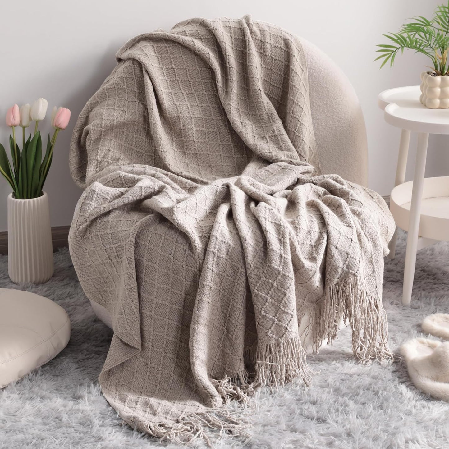 Lightweight Acrylic Knitted Throw Blanket - Soft and Cozy Decorative Woven Blanket with Tassels for Travel, Couch, Bed, and Sofa, 51x67 Inches, Taupe Checkered