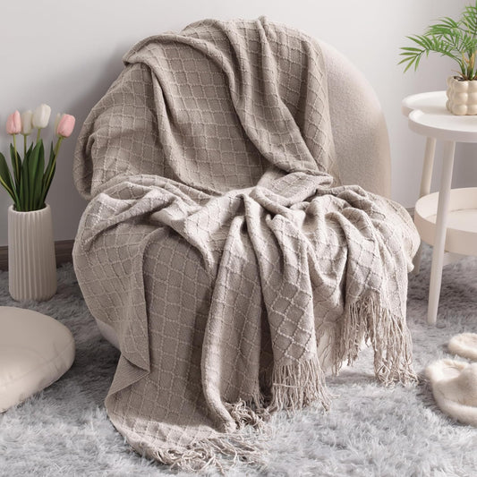 Lightweight Acrylic Knitted Throw Blanket - Soft and Cozy Decorative Woven Blanket with Tassels for Travel, Couch, Bed, and Sofa, 51x67 Inches, Taupe Checkered