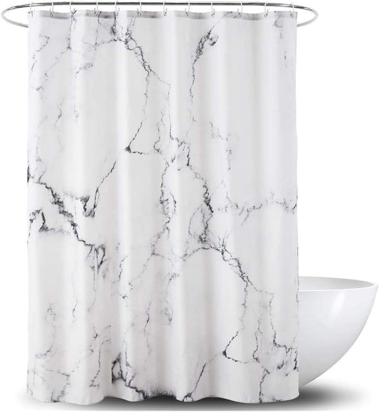 Grey and White Marble Shower Curtain with Hooks, Unique 3D Print Design, Waterproof Fabric, Reinforced Metal Grommets, Standard Size 72x72 Inches