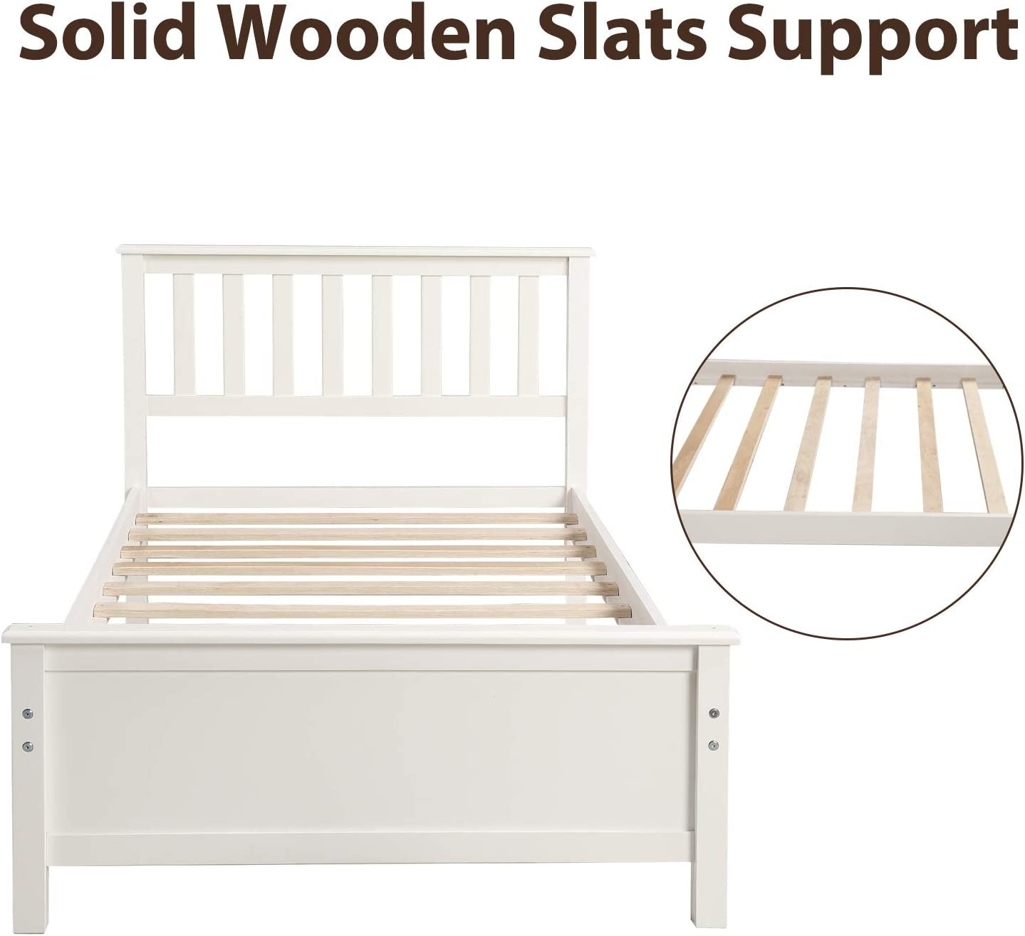 Classic White Wood Twin Bed Frame with Headboard and Footboard - No Box Spring Required