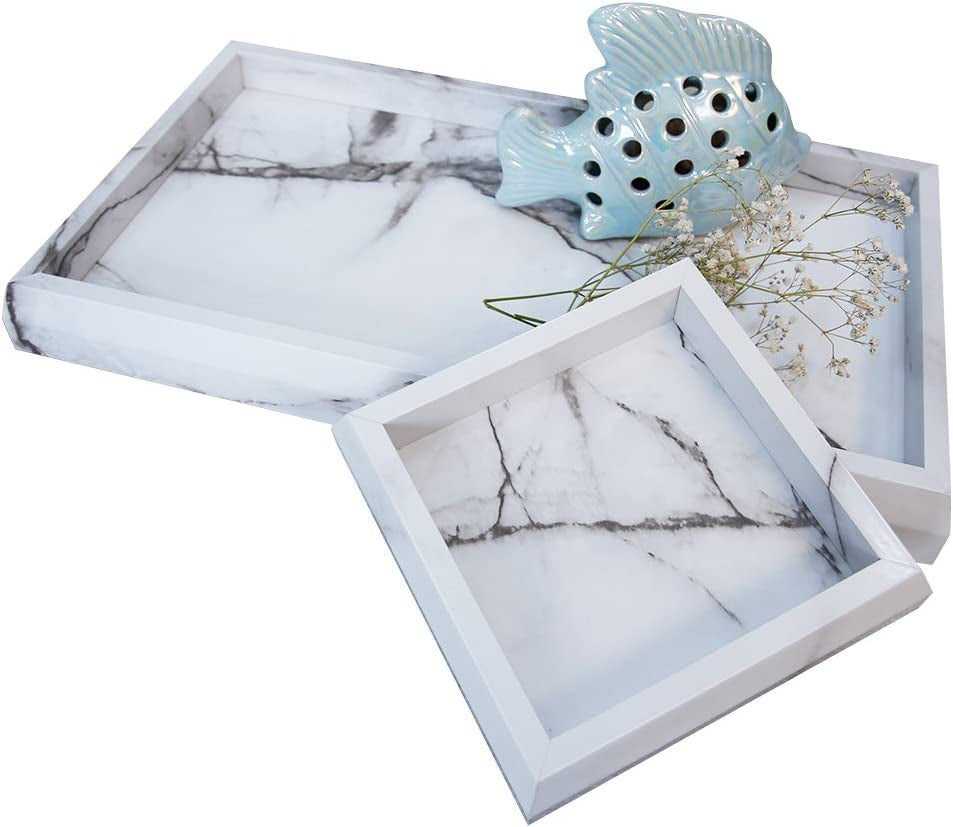 Set of 2 Marble Print Vanity Trays for Women - Elegant Faux Marble Decorative Catchall for Entryway, Perfume and Candle Display, Cosmetics Storage, and Jewelry Organization (Wooden, Marble White)