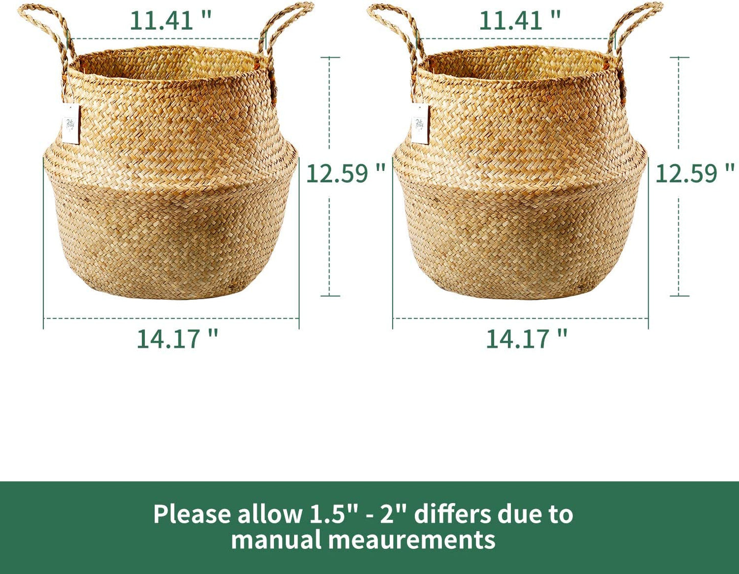 720303 Set of 2 Hand Woven Seagrass Plant Baskets with Handles - Versatile Storage Solution for Laundry, Picnics, Plant Pot Cover, Home Decor, and Beach Bag (Extra Large, Brown)