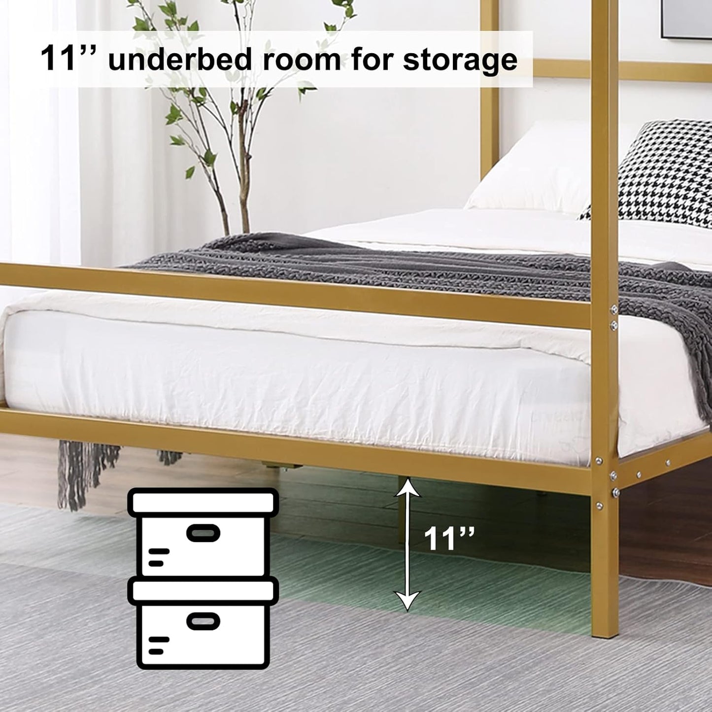 Full Size Gold Canopy Bed Frame with Headboard and 11-Inch Under-Bed Storage