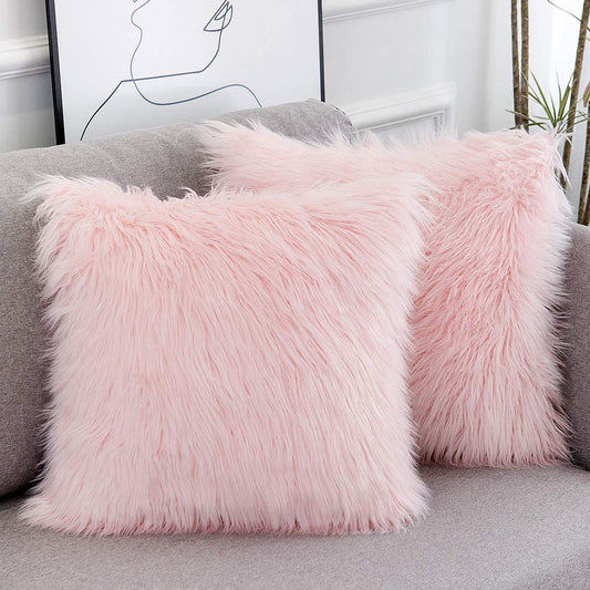 Set of 2 Luxury Blush Faux Fur Decorative Pillow Covers - Merino Style, 18x18 Inch Square Cushions