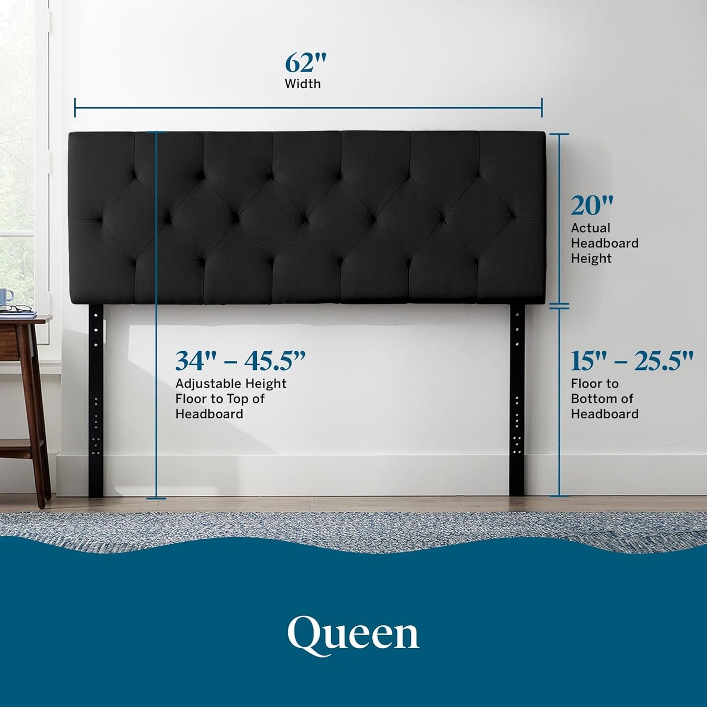 Queen Size Mid-Rise Upholstered Headboard with Diamond Tufting - Adjustable Height 34” to 46” - Padded Polyester - Versatile Bed Frame or Wall Mount - Sturdy Black Design - Easy Assembly