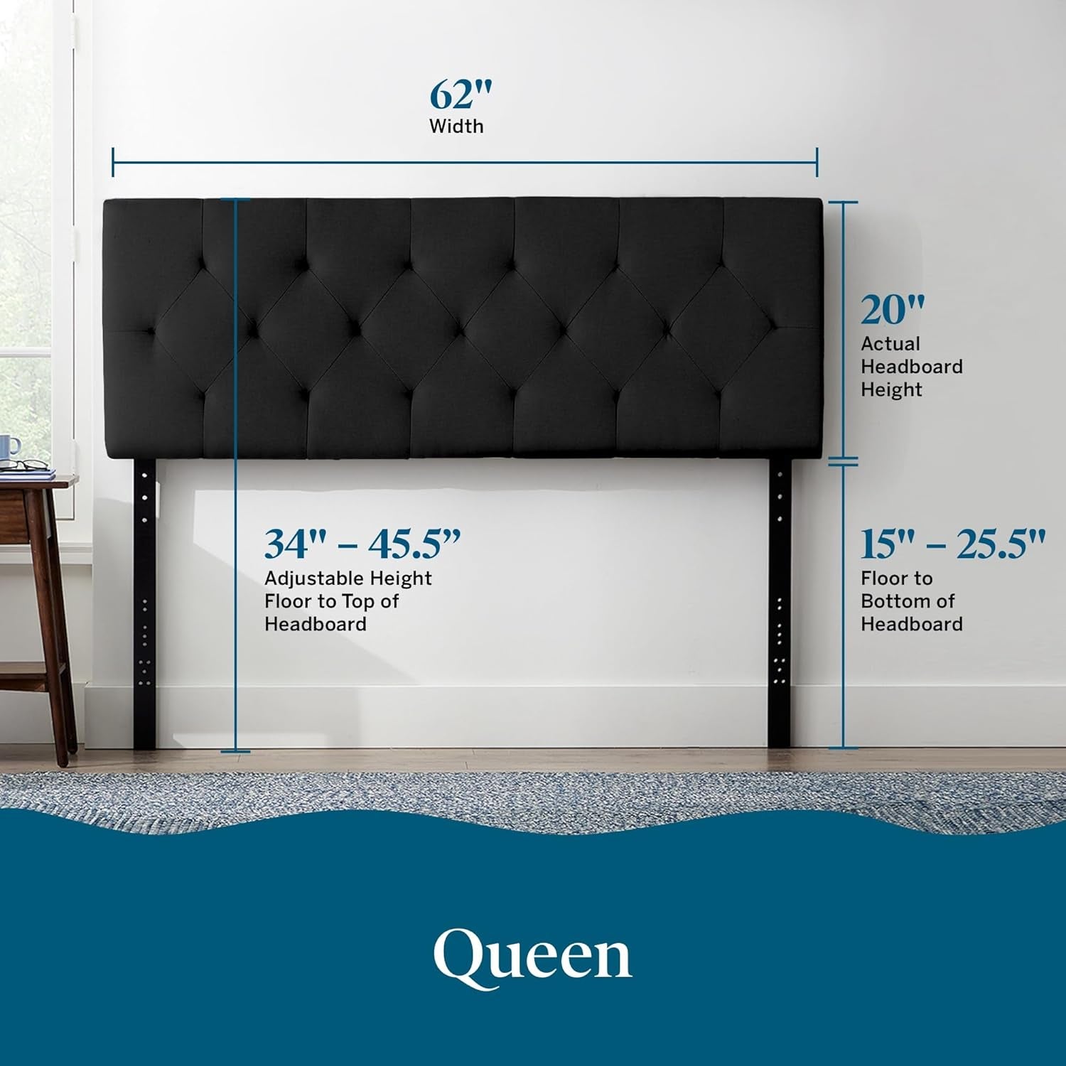 Queen Size Mid-Rise Upholstered Headboard with Diamond Tufting - Adjustable Height 34” to 46” - Padded Polyester - Versatile Bed Frame or Wall Mount - Sturdy Black Design - Easy Assembly