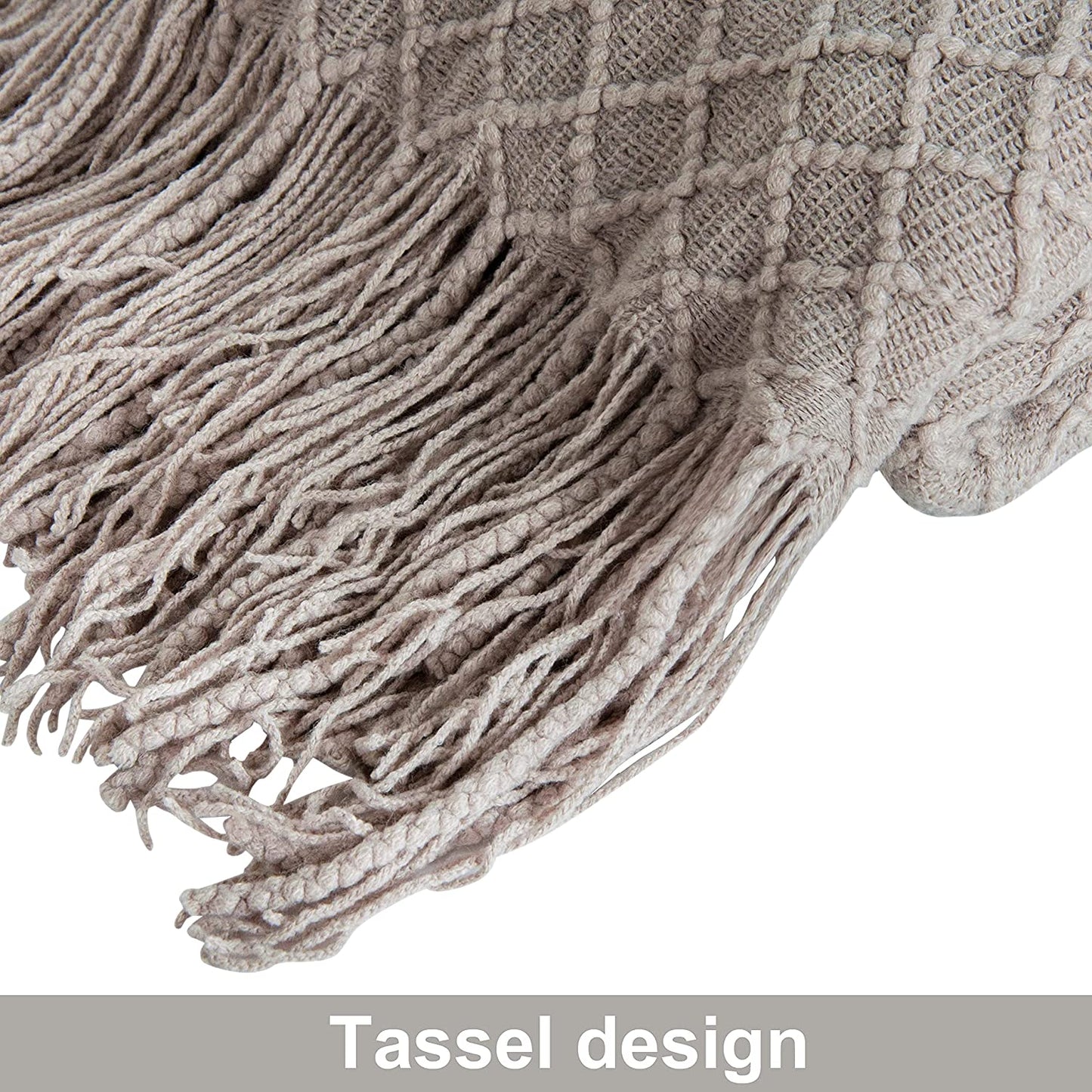 Lightweight Acrylic Knitted Throw Blanket - Soft and Cozy Decorative Woven Blanket with Tassels for Travel, Couch, Bed, and Sofa, 51x67 Inches, Taupe Checkered